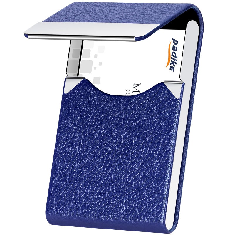 Padike Professional Business Card Holder PU Leather Business Card Case Name Card Holder Slim Metal Pocket Card Holder with Magnetic Shut (Blue) - Image 1